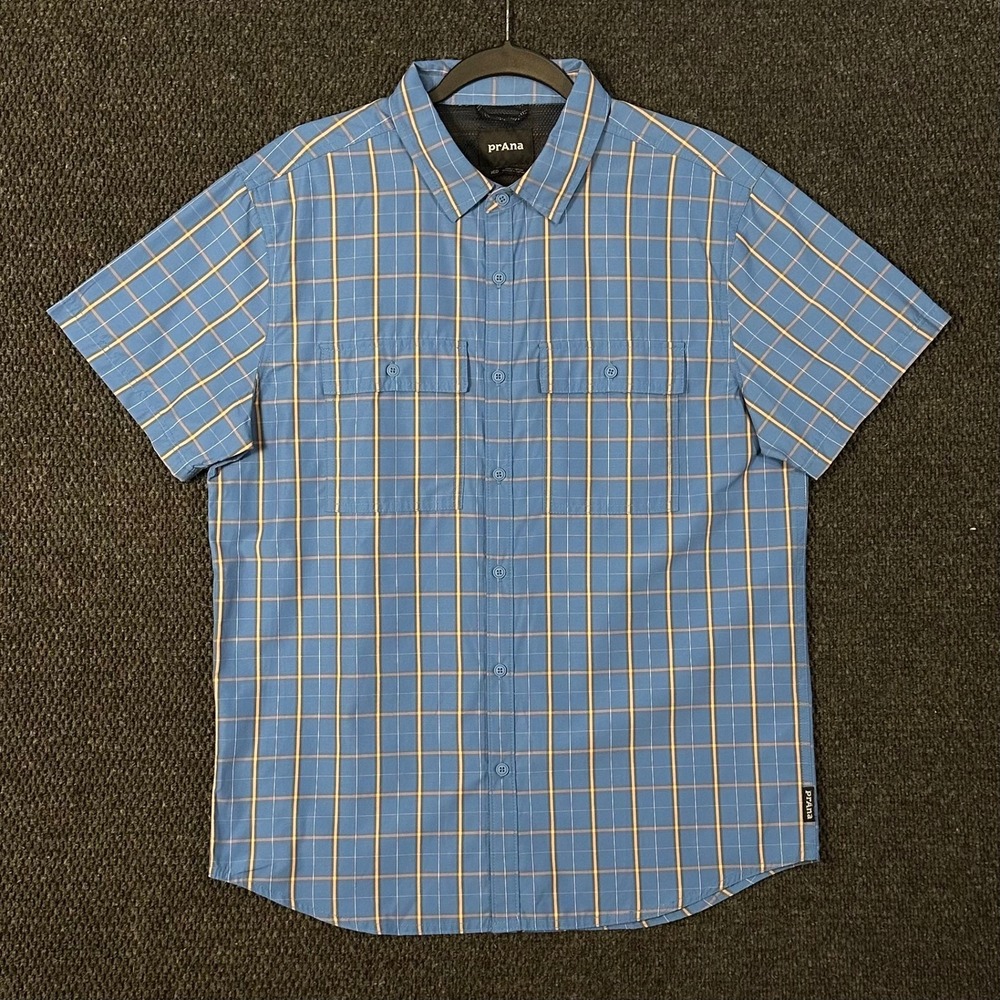 prAna Outdoor Hiking Shirt Mens Medium Blue Plaid Short Sleeve Vented Travel